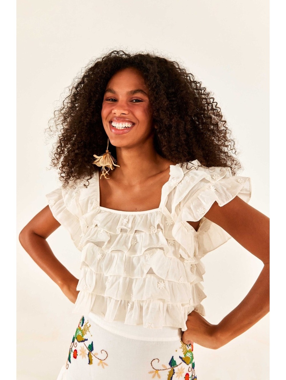 Farm Rio White Ruffled Crop Top with Embroidered Flowers